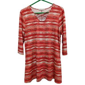 Keren Hart Tunic Top Womens Large Red Tie Dye 3/4 Sleeve Wearable Art BOHO